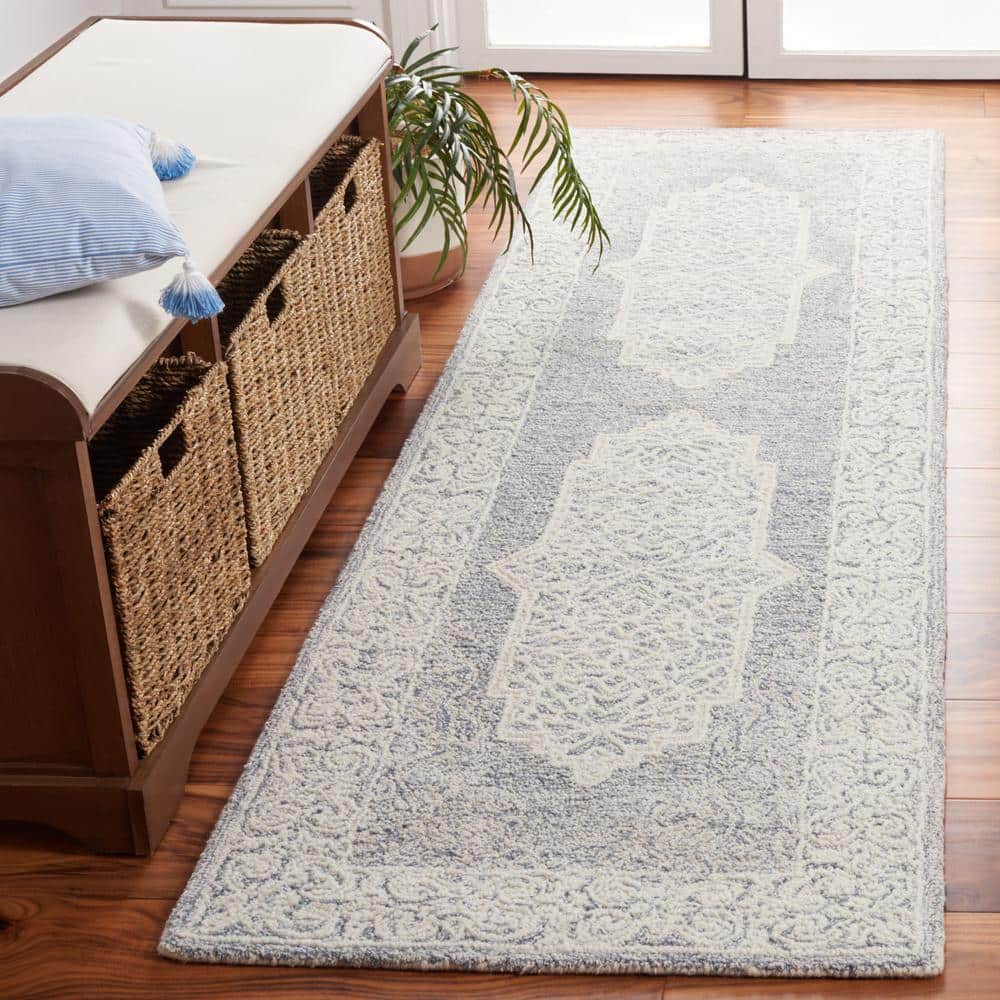 Ivory and Blue Abstract Handmade Wool Runner Rug