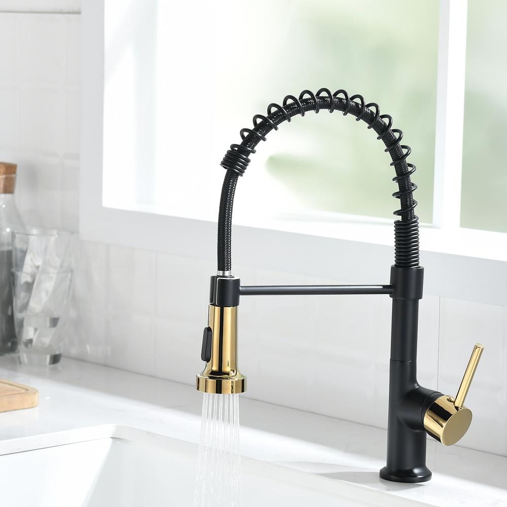 Matte Black and Polished Gold Pull Down Kitchen Faucet with Spray