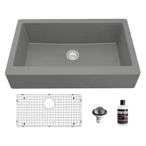 QAR-740 Quartz/Granite 34 in. Single Bowl Retrofit Farmhouse/Apron Front Kitchen Sink in Grey with Grid and Strainer