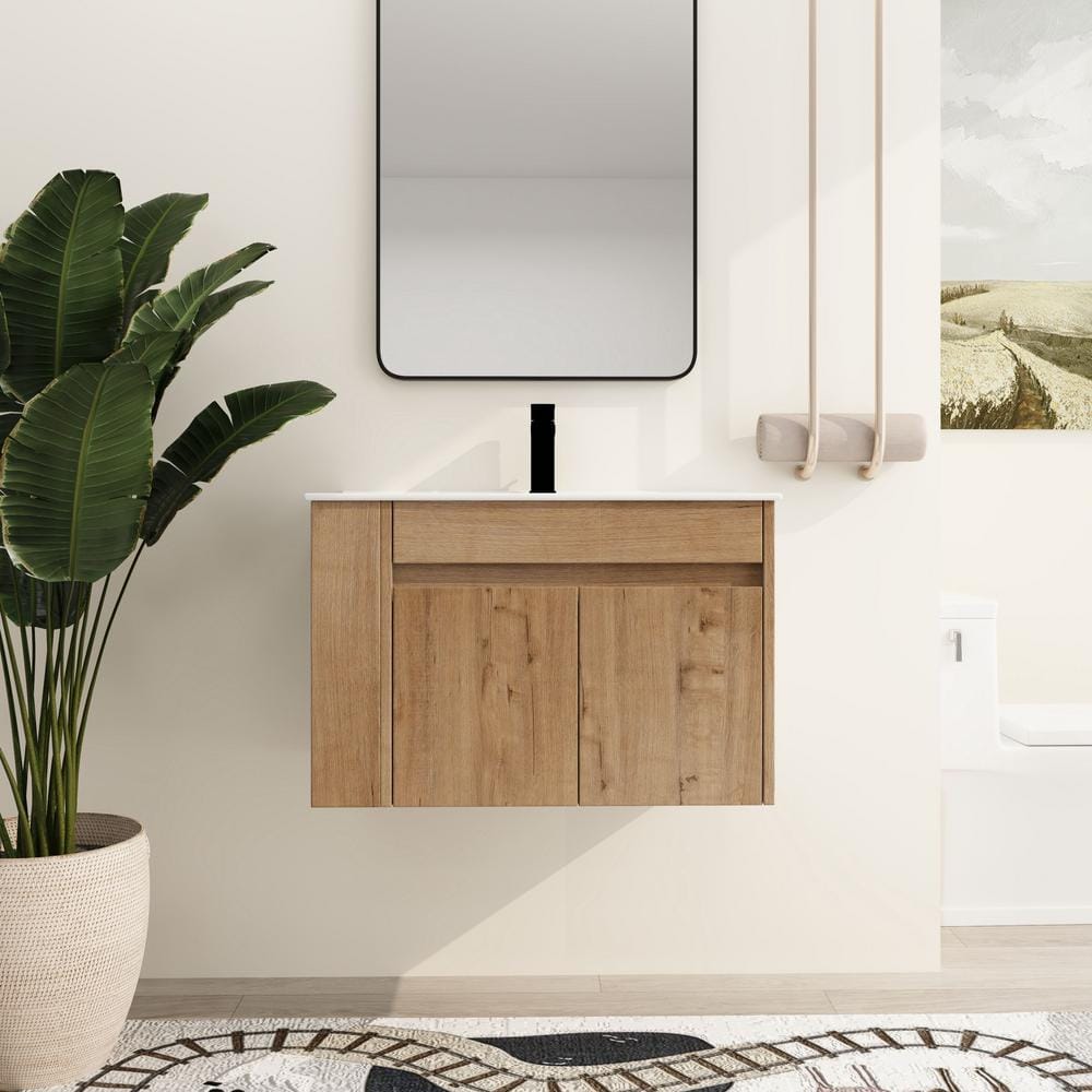 30 in. W x 18.3 in. D x 19.7 in. H Wall-Mounted Bath Vanity in Light Brown 