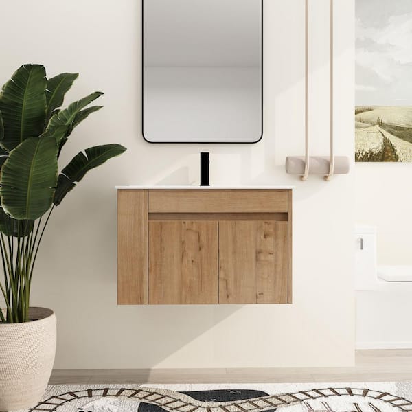 30 in. W x 18.3 in. D x 19.7 in. H Wall-Mounted Bath Vanity in Light Brown with White Ceramic Vanity Top