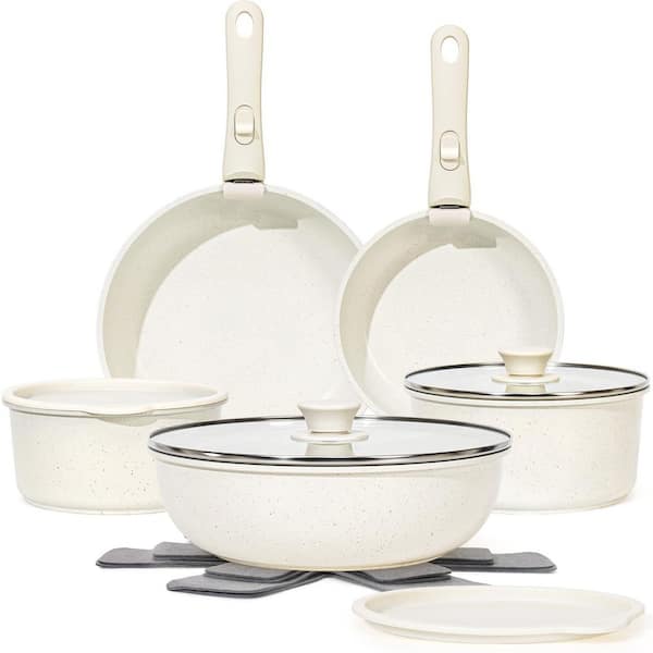 15-Piece Aluminum Pots and Pans Set Non Stick, Cookware Sets with Detachable Handle, Oven Safe, Induction Fast, White