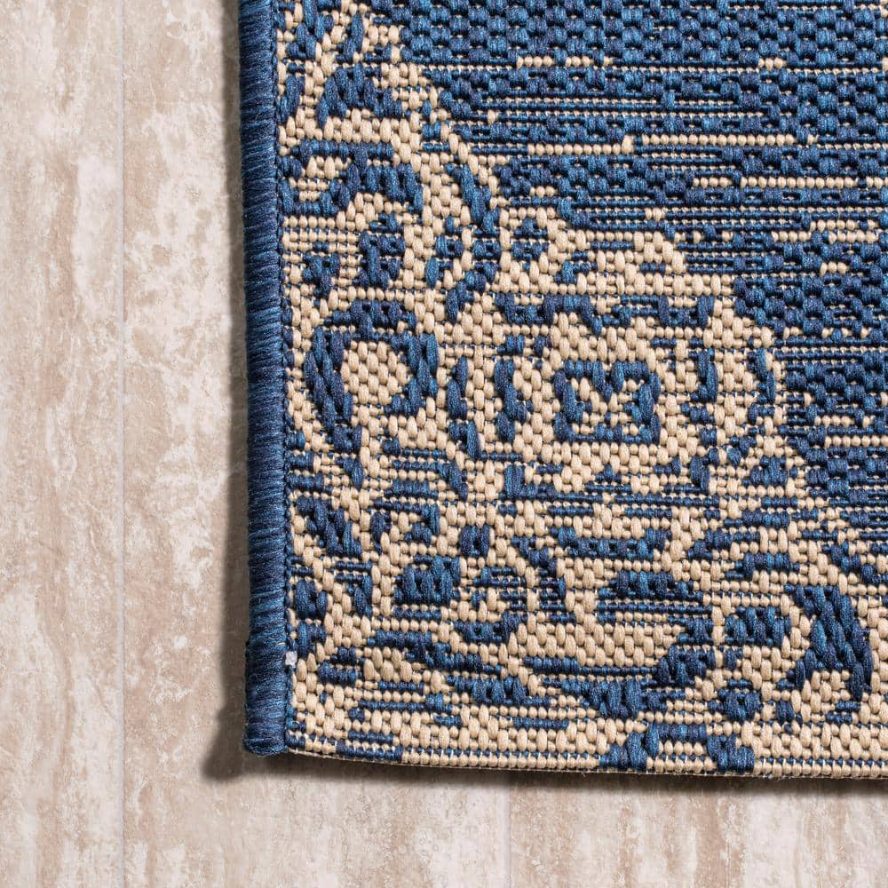 Navy and Beige Medallion Flat Woven Runner Rug