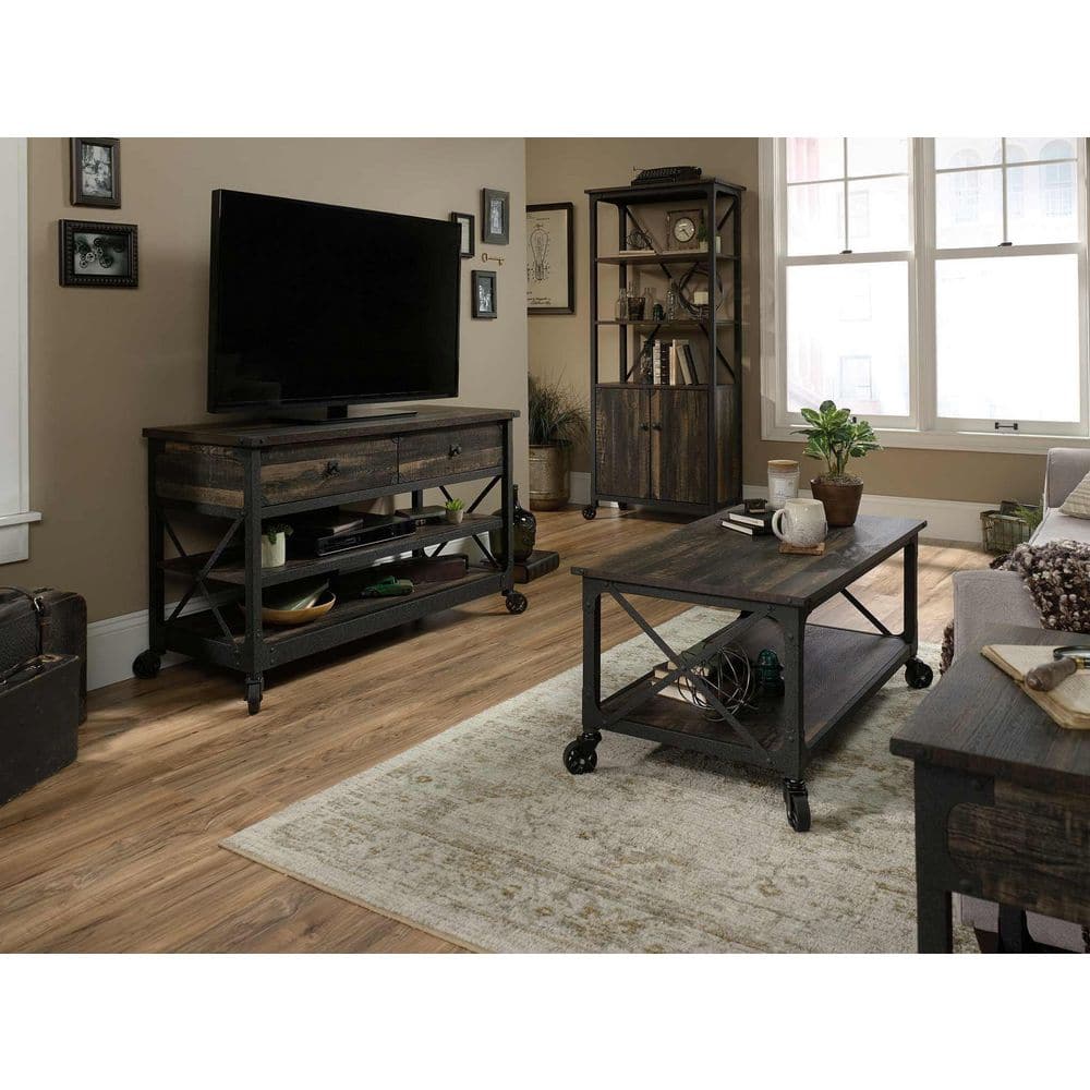 Rustic Carbon Oak Mobile Side Table with Storage Drawer