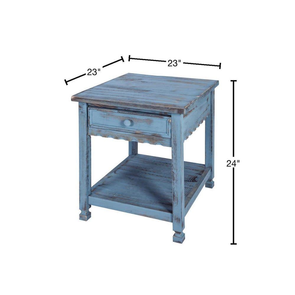 Rustic Blue Antique Wood End Table with Storage