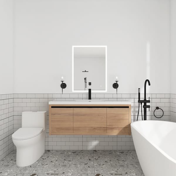 Unbranded 48 in. W x 18 in. D x 21 in. H Single Sink Wall Mounted Bath Vanity in Imitative Oak with White Top with White Basin