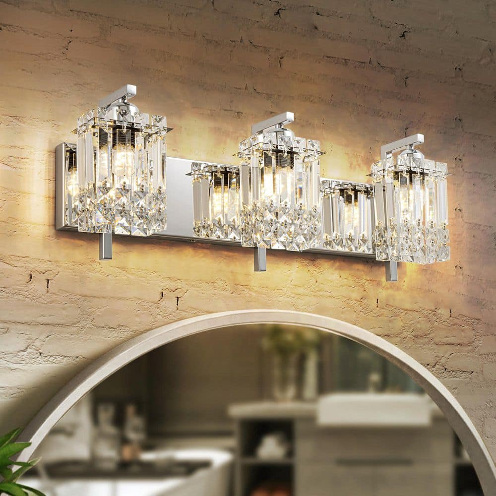 RRTYO Avenlur 21.3 In. 3-Light Chrome Dimmable Glam Crystal Bathroom Vanity Light Over Mirror Vintage Luxury Linear Wall Light 81010000041488 - The Home Depot