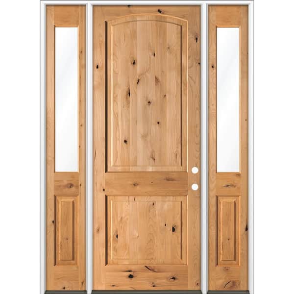 70 in. x 96 in. Knotty Alder 2-Panel Arch-Top Left-H and/Inswing Clear Glass Cedar Stain Wood Prehung Front Door W/DHSL