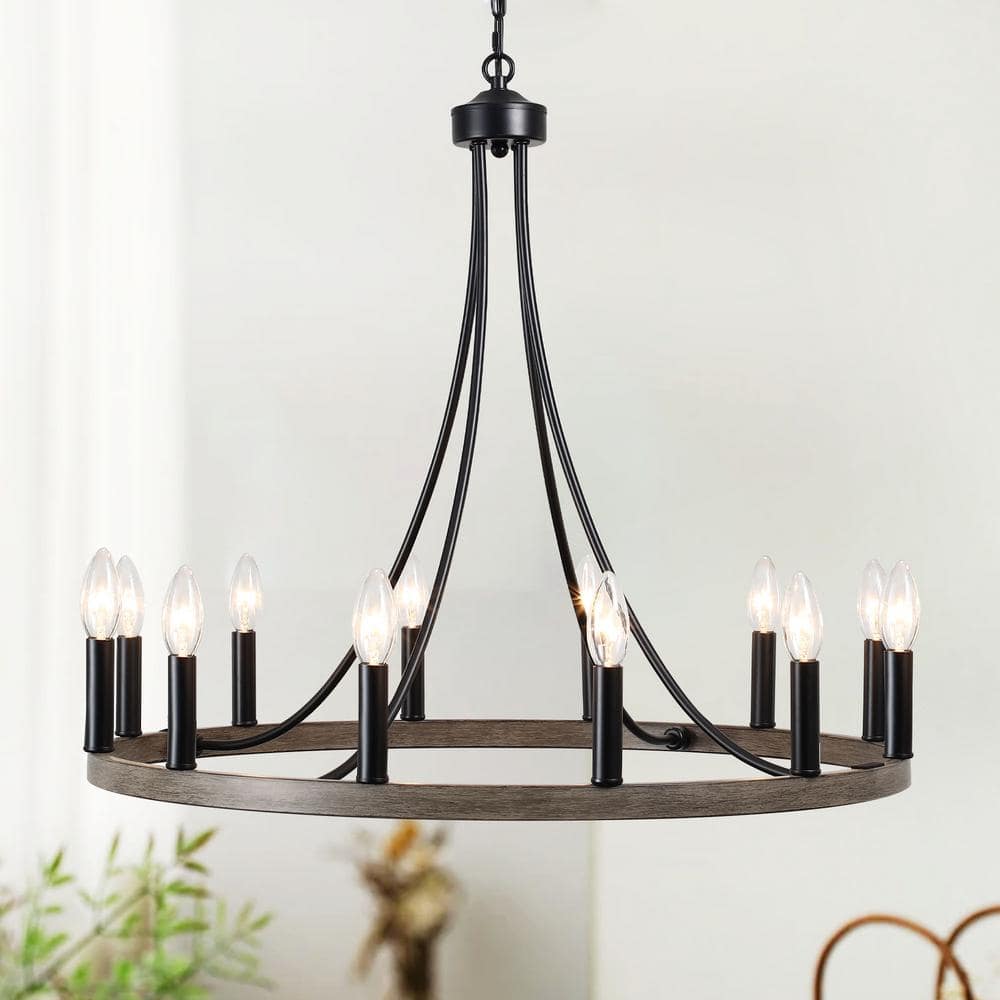 12-Light Black and Wood Grain Wagon Wheel Chandelier for Living Room Dinning Room with No Bulbs Included price history on PriceWatchPro