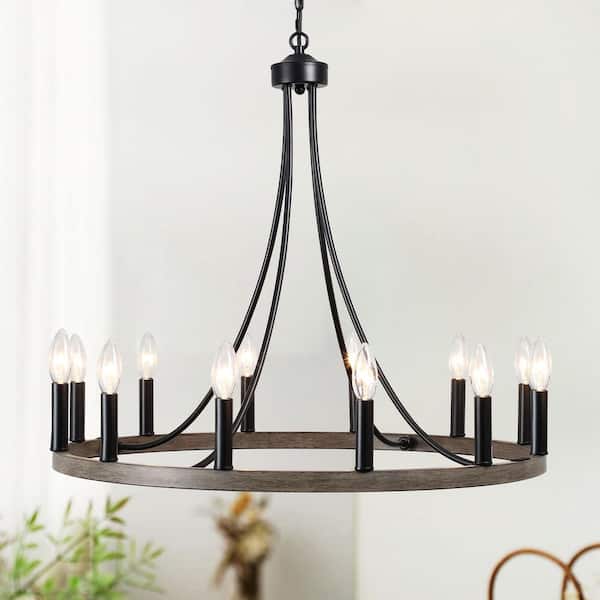 12-Light Black and Wood Grain Wagon Wheel Chandelier for Living Room Dinning Room with No Bulbs Included