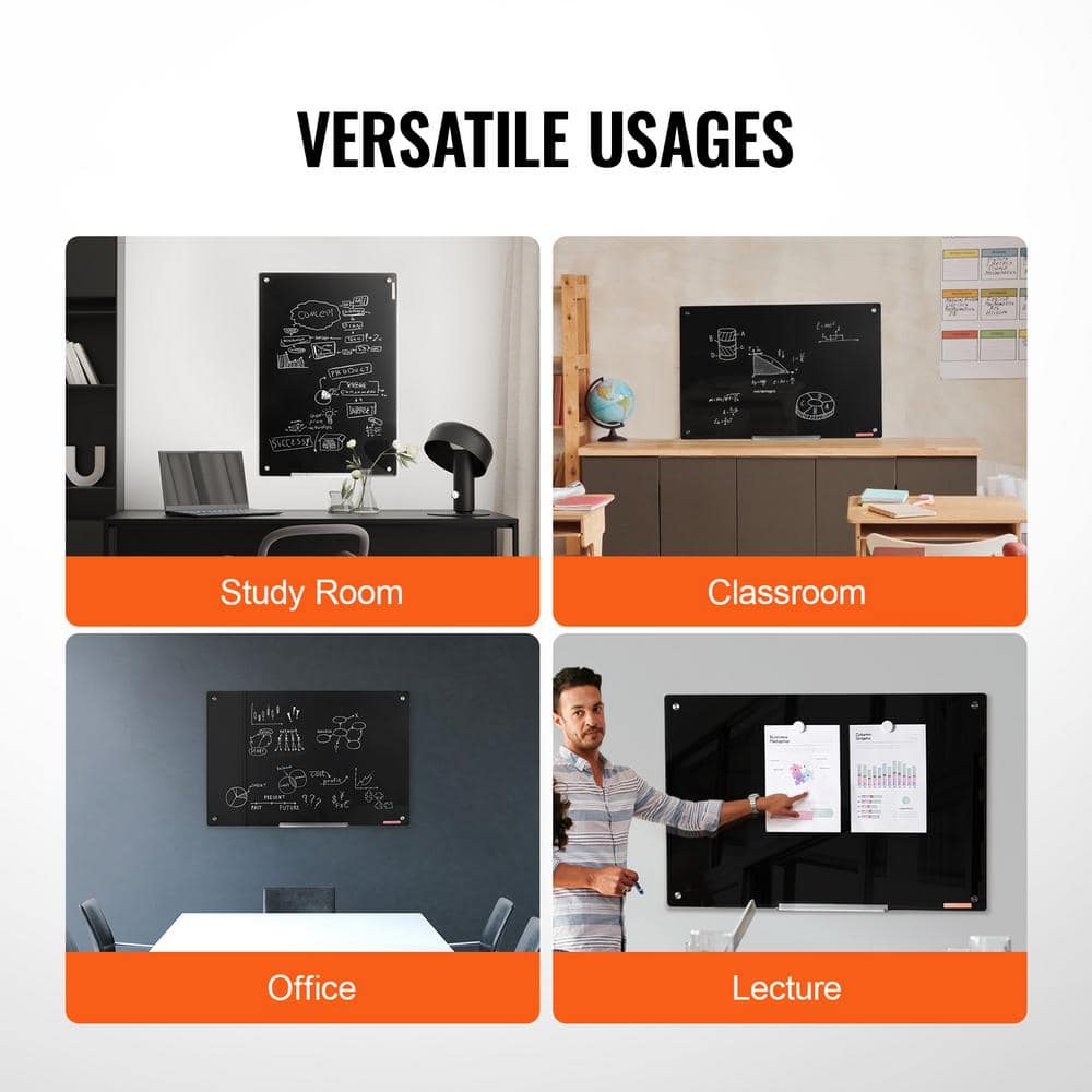 Black Frameless Magnetic Glass Whiteboard 36" x 24"