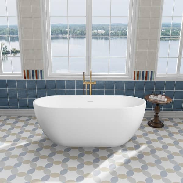 FORCLOVER Stone Flat Bottom Solid Surface Freestanding Double Slipper Soaking Bathtub in White with Drain 59 in. x 29.5 in.