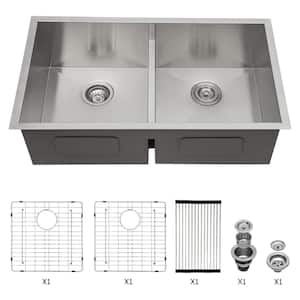 33 in. Undermount Double Bowl 16-Gauge Brushed Nickel Stainless Steel Kitchen Sink with Bottom Grids