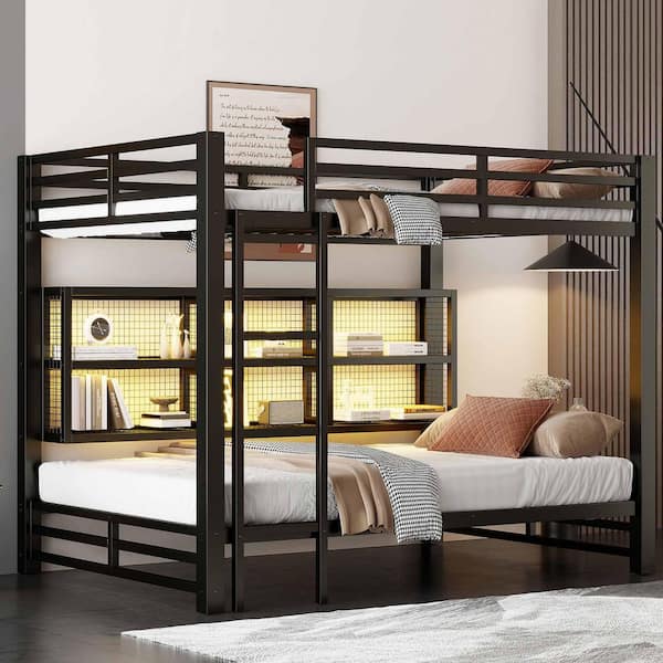 Black Queen Over Queen Bunk Bed with Storage Cabinets and LED