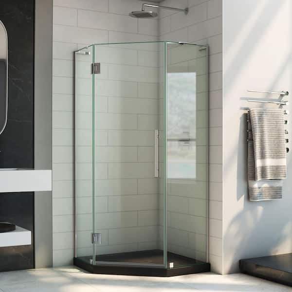 DreamLine Prism Plus 42 in. x 42 in. x 74.75 in. Semi-Frameless Neo-Angle Hinged Shower Enclosure in Chrome with Black Shower Base