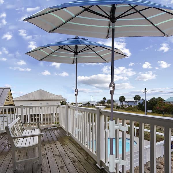 attach patio umbrella deck railing TheLAShop Outdoor Mount to Post, Railing, Bleachers for Poles D2 5/16" This Patio Umbrella Holder Flat Mount Brackets for deck railing fit umbrella pole between 1 1/4 inch to 2 5/16 inch in diameter Rail-EZ Patio & Deck Umbrella