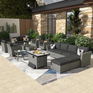 Bexley Gray 16-Piece Wicker Rectangle Fire Pit Patio Conversation Set with Black Cushions and Swivel Chairs