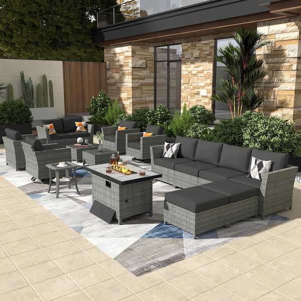 OVIOS Bexley Gray 16-Piece Wicker Rectangle Fire Pit Patio Conversation Set with Black Cushions and Swivel Chairs