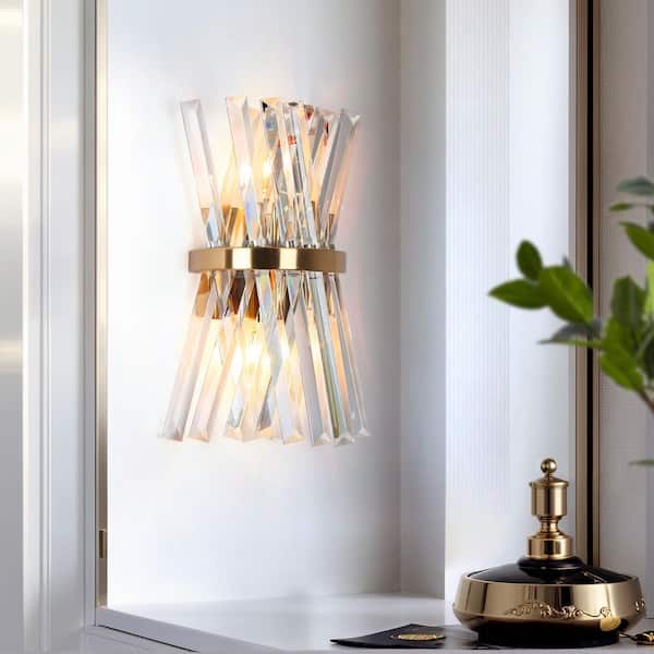 LNC Modern Crystal 8 in. 2-Light Plating Brass Wall Sconce for Bedroom Living Room, Damp-Rated Bathroom Vanity Light Fixture