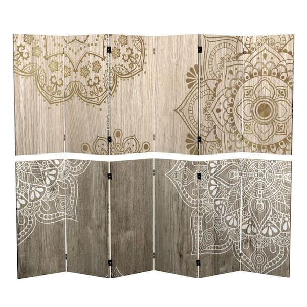 RED LANTERN 3 ft. Short Mandala on Oak Canvas 6-Panel Folding Screen