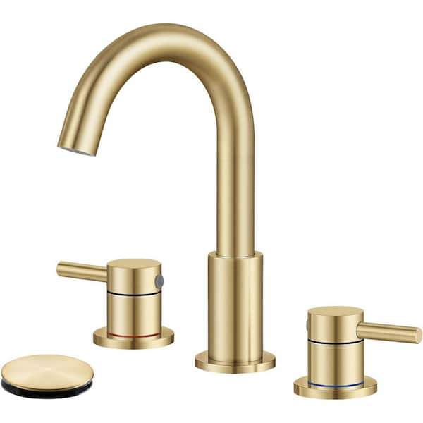 AKLFGN 8 in. Widespread 2-Handle Low Arc Bathroom Faucet with Pop drain in Brushed Gold
