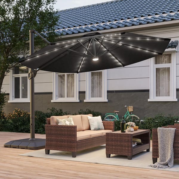11 ft. Solar LED Round Aluminum Cantilever Outdoor Patio Umbrellas with Base in Black