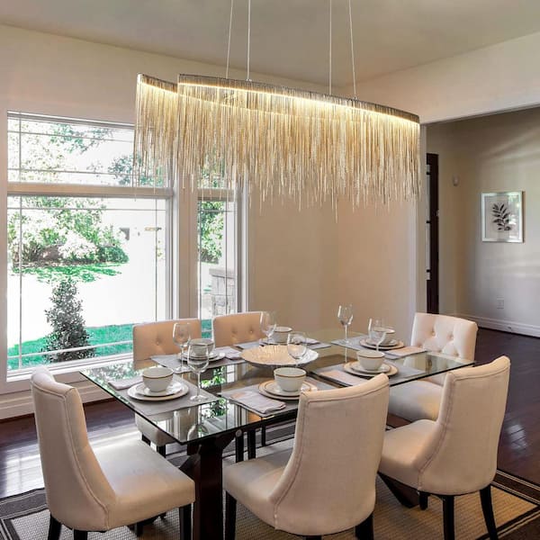 Pacific Core Rectangle 2-Light with 3-Color Changing Integrated LED Silver Aluminum Tassel Chandelier for Dining Room Kitchen Island