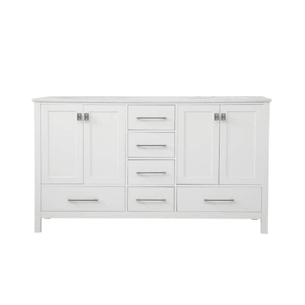 Unbranded 60 in. W x 22 in. D x 34 in. H Double Bathroom Vanity in White with Engineered Stone Top in Calacatta with White Basin