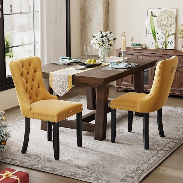 Gloden Velvet Dining Chairs Set of 2 with Back Ring,Nailhead Trim,Solid Wood Legs