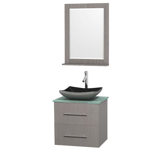 Wyndham Collection Centra 24 in. Vanity in Gray Oak with Glass Vanity Top in Green, Black Granite Sink and 24 in. Mirror