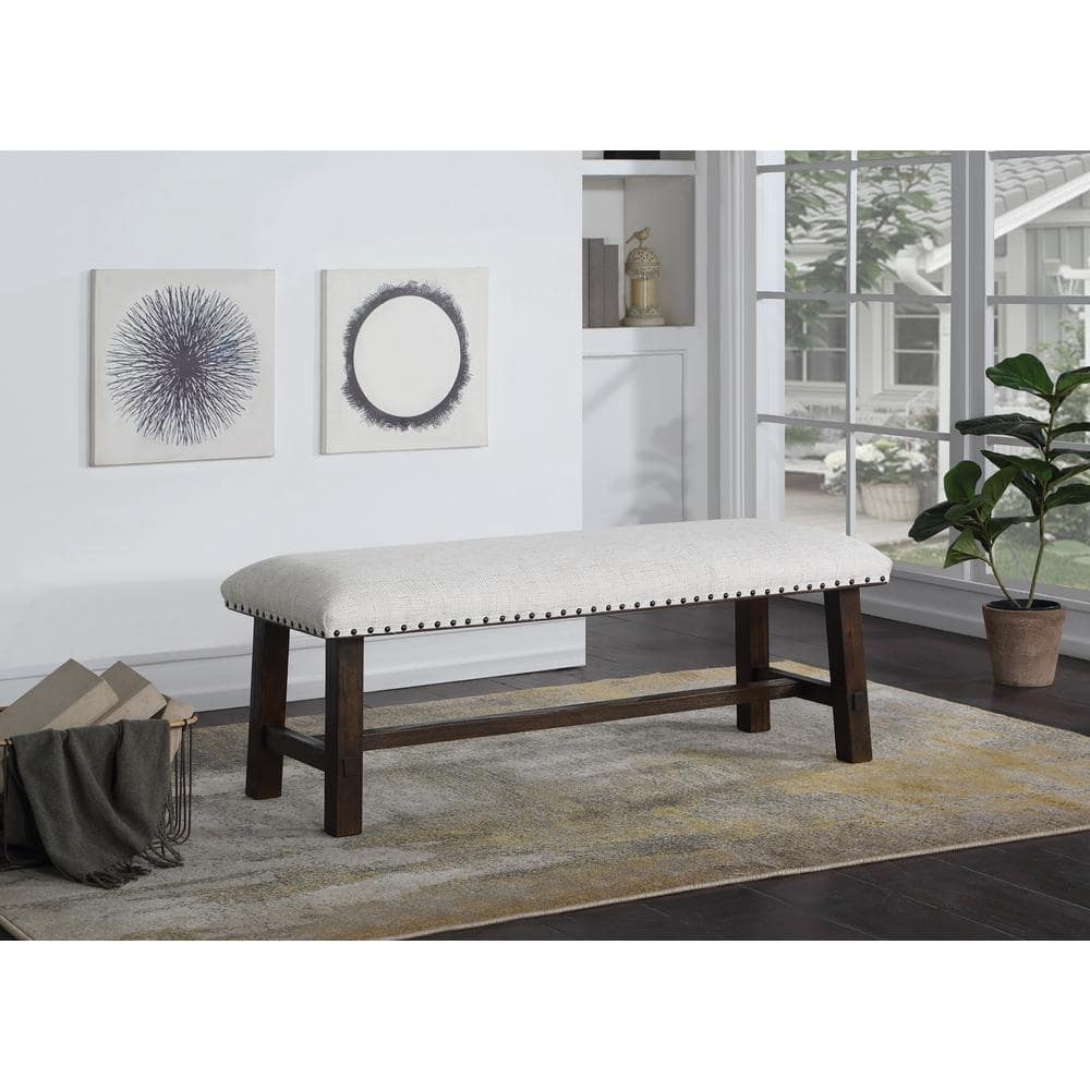 Dark Walnut and Linen Bench with Antique Bronze Nailhead Trim