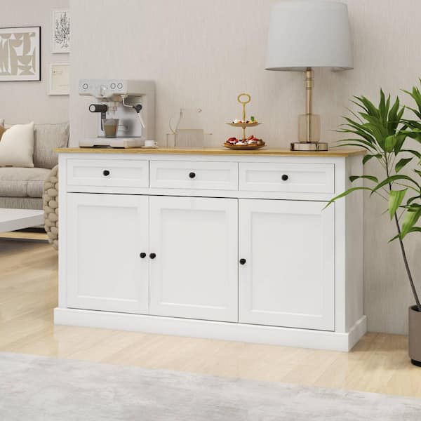 FAMYYT Large White Wood Tabletop 53 in. Kitchen Island with 3-Drawers and Adjustable Shelves for Dining Living Room Kitchen