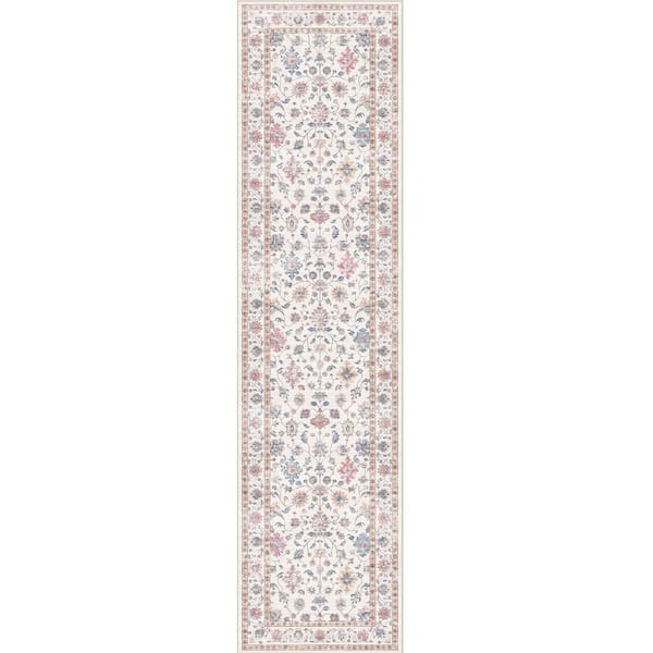 Mystery Garden Beige 2 ft. x 8 ft. Distressed Vintage Floral Washable Runner Rug