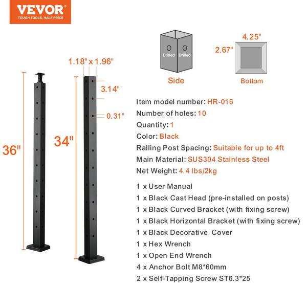 VEVOR Cable Railing Post 36 in. L x 1 in. W x 2 in. H Steel L-Shaped Hole Corner Railing Post Cable Rail Post (1-Pack )