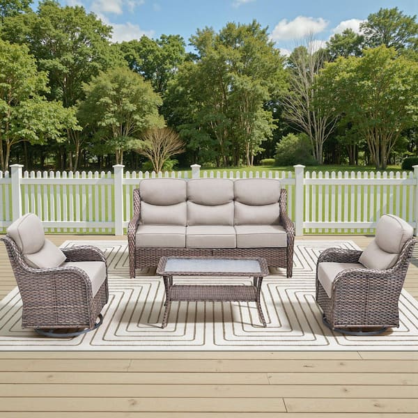 Holion Brown 4-Piece Wicker Patio Conversation Swivel Glider Set Outdoor Sofa Seating Set with 6 in. Beige Cushions