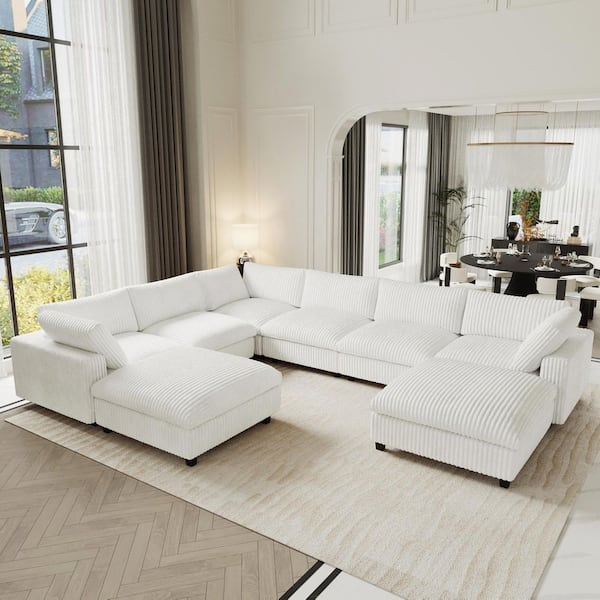 Magic Home 236.22 in. W Squre Arm Soft Faux Rabbit Fur Velvet Modular Sectional Sofa with 2-Ottomans in. Beige