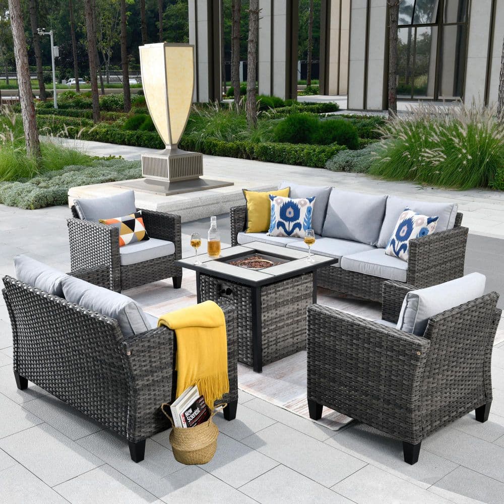 Chelan Gray 5-Piece Wicker Outdoor Patio Conversation Sofa Loveseat Set with a Fire Pit and Gray Cushions price history on PriceWatchPro