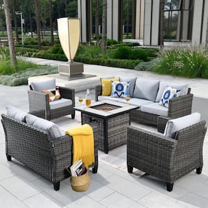 Chelan Gray 5-Piece Wicker Outdoor Patio Conversation Sofa Loveseat Set with a Fire Pit and Gray Cushions