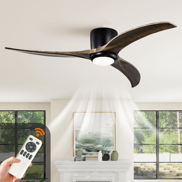 52 in. Standard Black Flush Mount Ceiling Fan, Solid Wood Blades with Light, 6 Speed Noiseless Reversible Motor, Remote