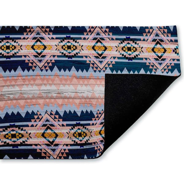 Geometric Boho Vibe Stripes Blue 18 in. x 30 in. Polyester Non-Slip Outdoor Door Mat