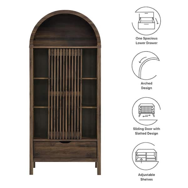 Vaughn 71 in. Arched Display Cabinet in Walnut  with Drawer and Adjustable Shelves