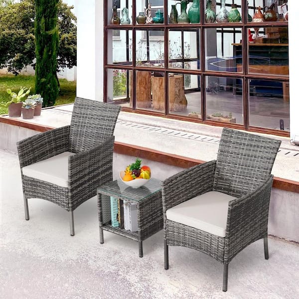 3-Piece Gray Wicker Patio Conversation Set with Beige Cushions and a Table for Garden