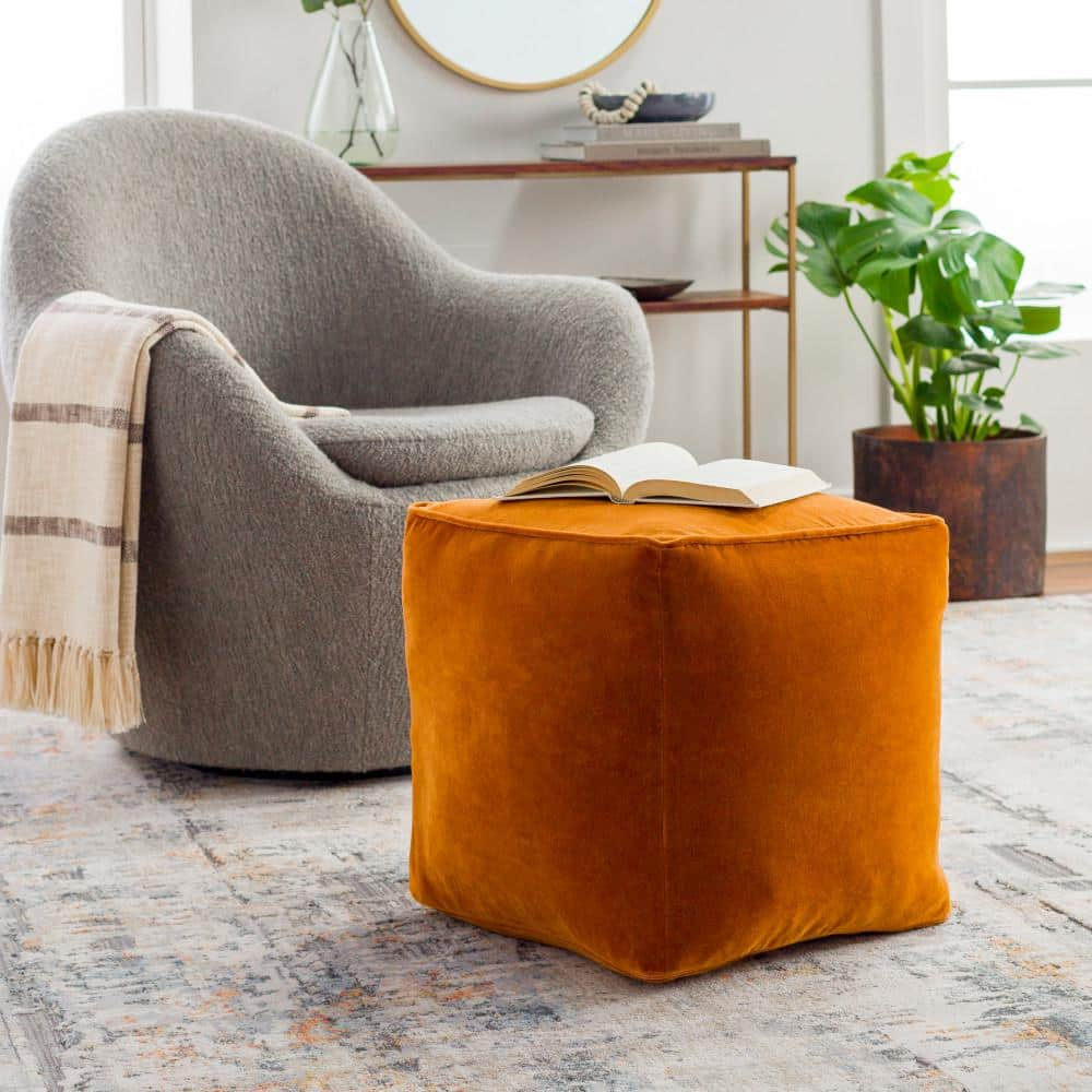 Surya Cotton Velvet Modern Cotton And Polybeads Cube Pouf CVPF020-161616