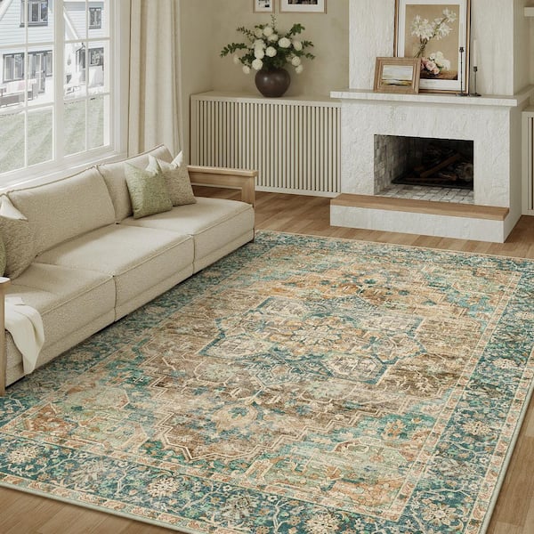 Hamadan Brown/Blue 9 ft. x 12 ft. Vintage Washable Medallion Distressed Area Rug