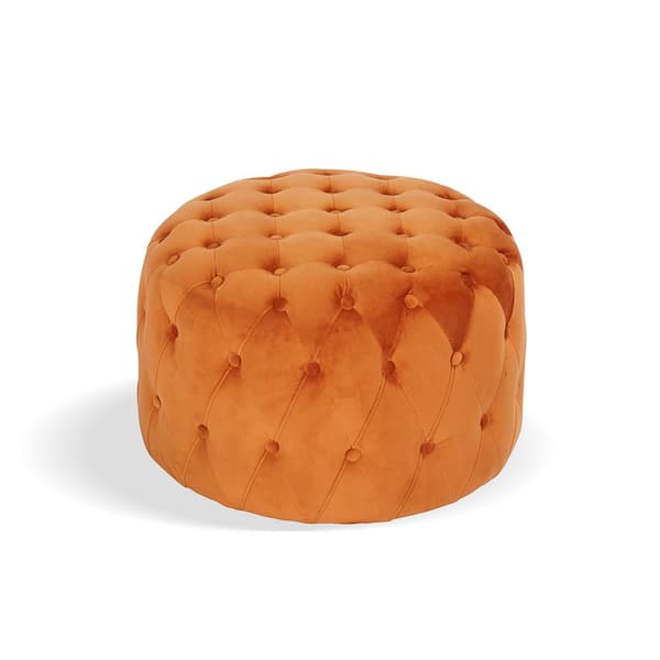 Homy Casa Miya Orange Round Tufted Velvet Ottoman