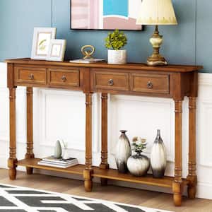 58 in. L Antique Walnut Rectangle Solid Wood Console Table with Drawers and Long Shelf