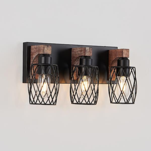 17.5 in. W 3 Light Vanity Light Industrial Wall Sconce Walnut Lighting Fixture Over Mirror, E26, No Bulbs Included