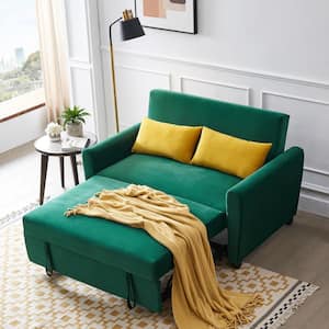 55 in. Green Velvet 2-Seats Full Size Pull-Out Sleeper Sofa Bed with 2-Pillows