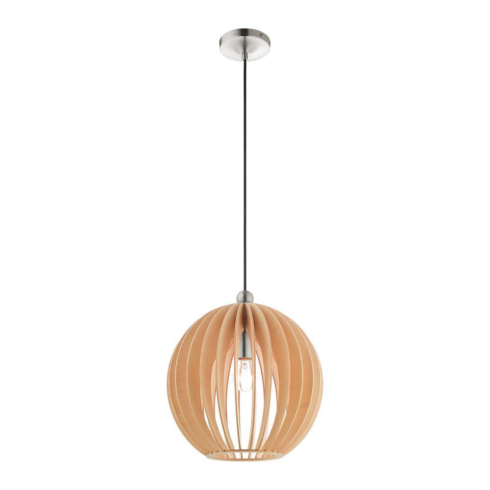 Mini Globe Brushed Nickel Pendant with Round Wood Shade
