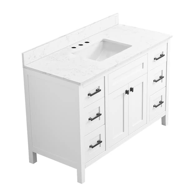 Aero Calm 48 inch Undermount Single Sink Freestanding Bath Vanity in White with Wihte Engineered Stone Top Unassembled